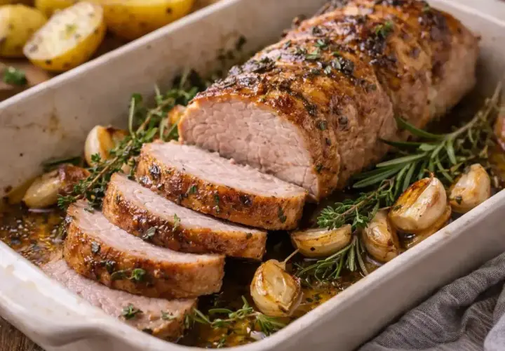 Délicieux filet mignon fumé, prêt à être dégusté. Une recette simple pour un plat savoureux, accompagné de pommes de terre rôties et d'ail.