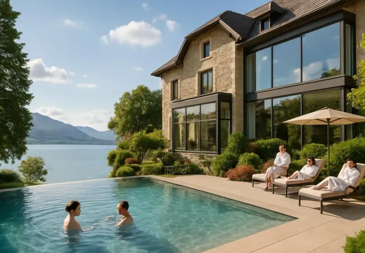 Piscine à débordement devant un hôtel de luxe avec vue sur le lac et des personnes en peignoir détendant sur des chaises longues.