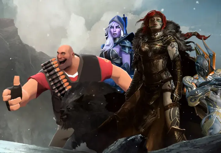 Postacie z gier, w tym Heavy z Team Fortress 2, dają kciuk w górę, sugerując darmowe gry na Steamie.