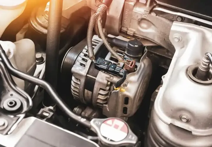 Zbliżenie na alternator samochodowy w komorze silnika, z widocznymi przewodami i złączami.
