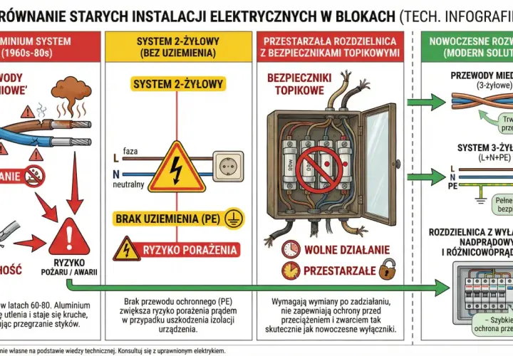 Stare instalacje aluminiowe z przewodami 2.5mm² są kruche i grożą pożarem. Nowoczesne rozwiązania z miedzią są bezpieczniejsze.