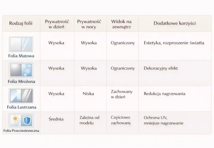 Tabela porównuje folie do szyb: matowe, mrożone, lustrzane, przeciwsłoneczne. Dowiedz się, czym zasłonić szyby w meblach, by zapewnić prywatność i estetykę.
