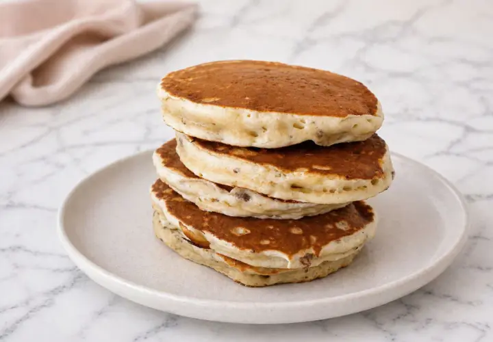 Pile de pancakes banane moelleux, dorés et aérés, servis sur une assiette claire.
