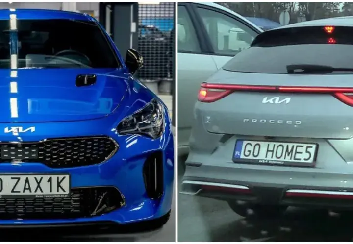 Niebieski Kia Stinger i szary Kia Proceed z tablicami rejestracyjnymi TO ZAX1K i GO HOME5.
