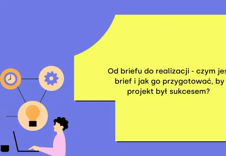 Grafika przedstawia schemat: od briefu do realizacji projektu. Ikony symbolizują czas, pomysł, zadania i realizację.