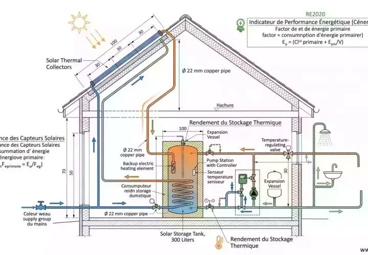Schéma d'une installation chauffe eau solaire avec capteurs sur le toit, réservoir de stockage et raccordement à un lavabo et une douche.