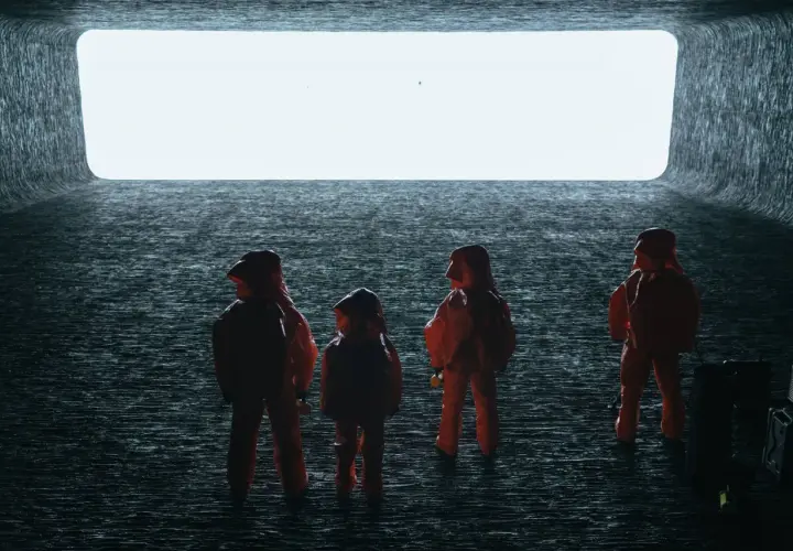 Persone in tute arancioni osservano un'enorme apertura luminosa, evocando scene di "Arrival" e la sua spiegazione di un evento alieno.