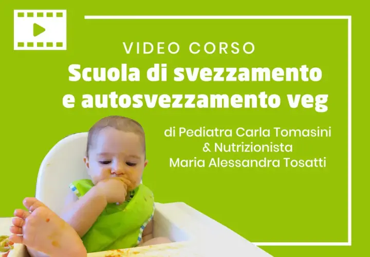 Bambino in seggiolone, con bavaglino verde, che mangia con le mani. Titolo: "Scuola di svezzamento e autosvezzamento veg".