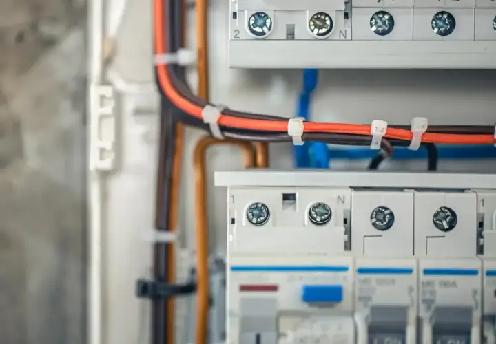 Nowoczesna instalacja elektryczna bezpuszkowa z uporządkowanymi przewodami w skrzynce rozdzielczej.