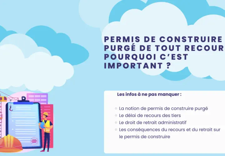 Illustration d'un chantier avec un ouvrier consultant un permis de construire purgé, expliquant son importance.