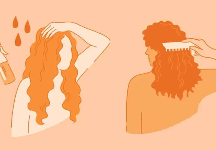 Illustration of two women with wavy orange hair, one spraying her hair, the other combing it.