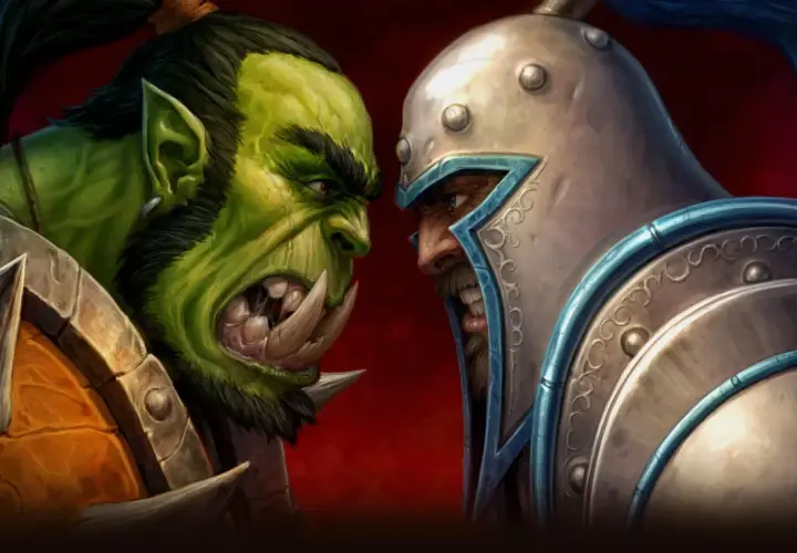 Zacięta konfrontacja orka i człowieka, ikoniczna dla Warcraft: Orcs & Humans.