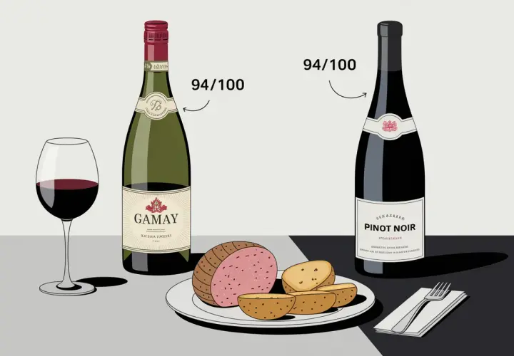 Quel vin avec du boudin blanc ? Un Gamay 94/100 ou un Pinot Noir 94/100, accompagnés de pommes de terre.