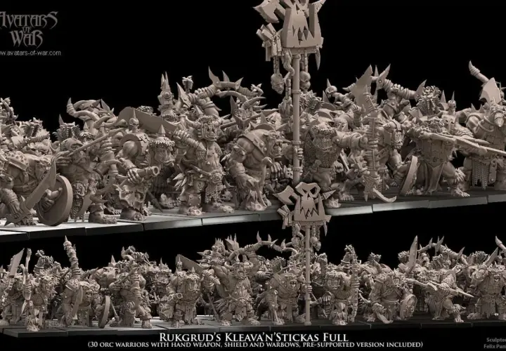 Horda orków z Avatars of War, gotowa do walki. Te figurki to prawdziwi "avatars of war", każdy z własną bronią i tarczą.