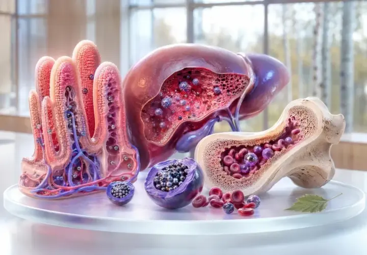 Villi intestinali, fegato e midollo osseo mostrano l'impatto della celiachia e del ferro basso, con globuli rossi e particelle viola che simboleggiano carenze.