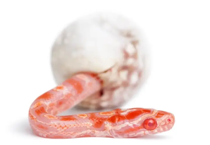 Una serpiente bebé rosada emerge de un huevo, mostrando cómo se reproducen las serpientes.