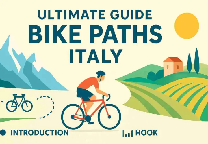 Illustration of a cyclist on a path through Italian countryside with mountains and vineyards.