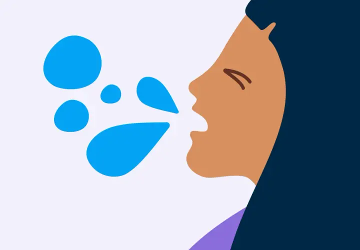 Profil d'une personne toussant, avec des gouttelettes bleues projetées. Conseils pour savoir comment faire passer une toux.