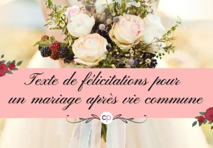 Texte de félicitations pour un mariage après vie commune. Un bouquet de roses et de baies orne cette carte.