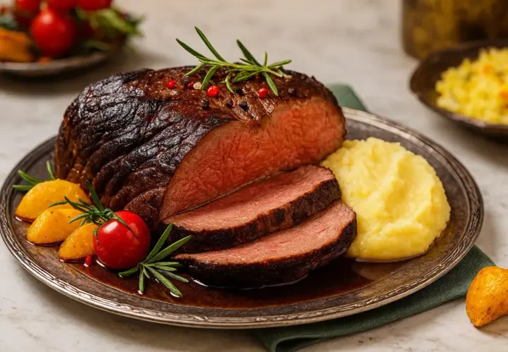 Saftiges Brasato al Barolo, zart geschnitten, serviert mit cremigem Kartoffelpüree und garniert mit Rosmarin und Kirschtomaten.
