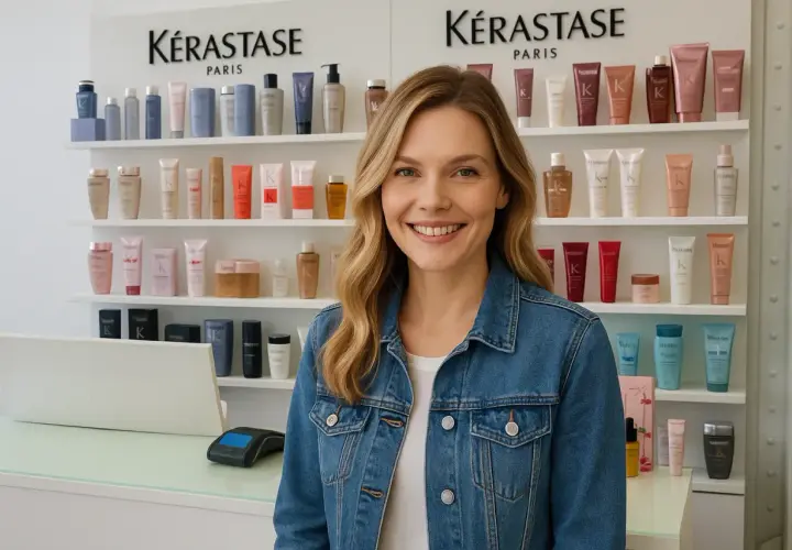 Mujer sonriente frente a estantes de productos Kérastase, mostrando variedad de tipos de mechas y tratamientos capilares.
