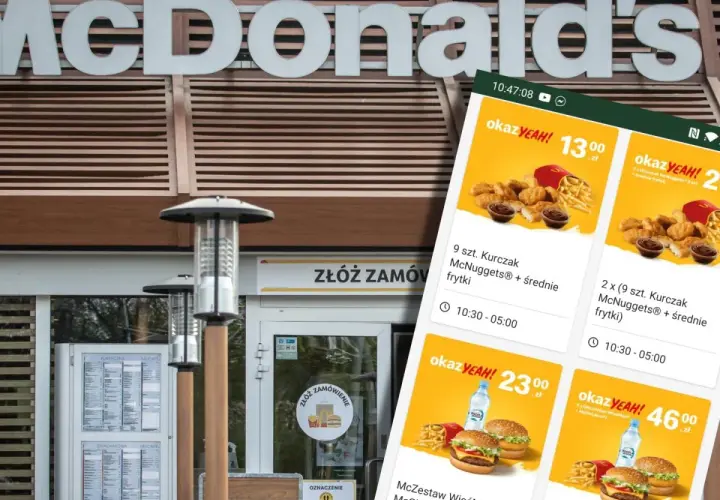 Na ekranie telefonu widać promocje McDonald's. Zastanawiasz się, ile kosztuje duża cola w Mc? Na razie widzimy zestawy z McNuggetsami i burgerami.