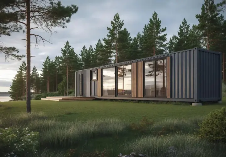 Modernt container hus vid en sjö, omgivet av tallskog och gräs. Solnedgången speglas i de stora fönstren.