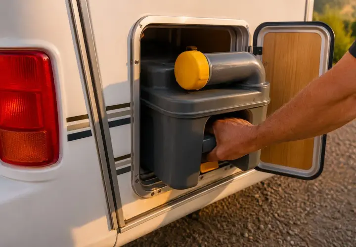 Maintenant, je retire le réservoir d'eau grise du camping-car pour le vider.