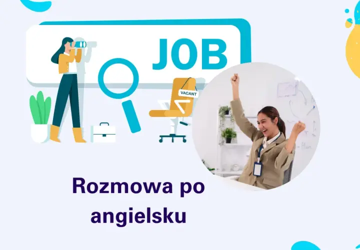 Ilustracja przedstawia proces rekrutacji, a zdjęcie pokazuje radość po udanej rozmowie rekrutacyjnej po angielsku.