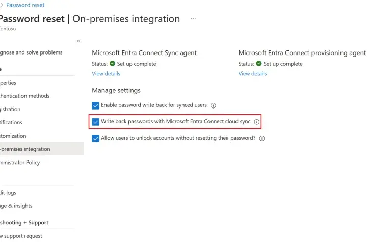 Paramètres de réinitialisation de mot de passe Azure AD : activation de la synchronisation des mots de passe avec Microsoft Entra Connect cloud sync.