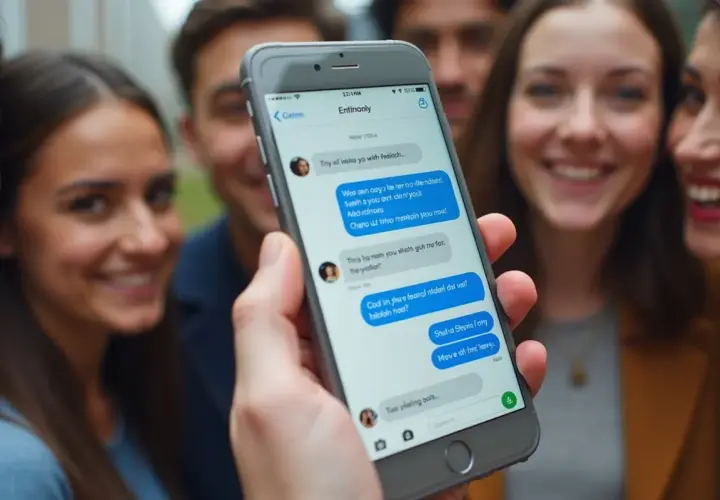 Grupa przyjaciół śmieje się, gdy jeden z nich pokazuje telefon z rozmową. Dowiedz się, jak zrobić ankietę na Messengerze, by zorganizować wspólne wyjście.