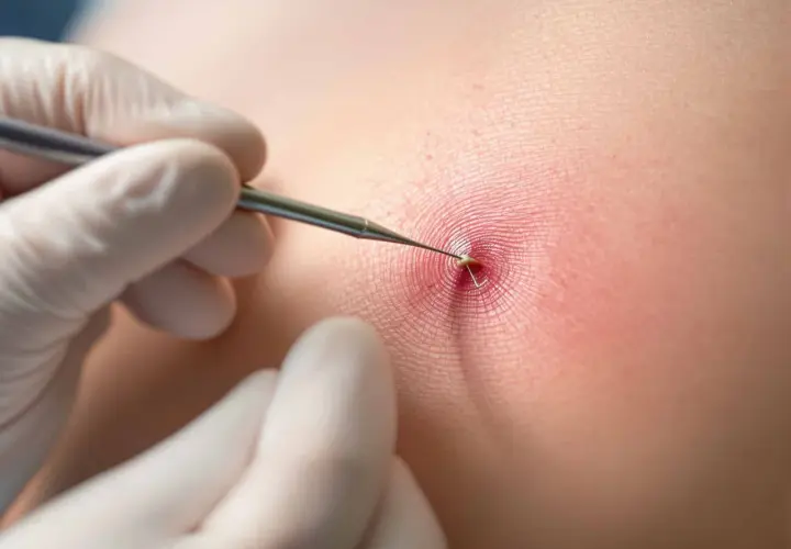 Main d'un chirurgien en gant manipulant une aiguille pour retirer un point de suture résorbable infecté.