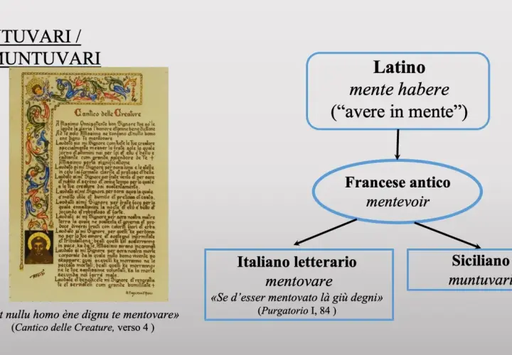 Il diagramma mostra l'evoluzione del termine "mentovare", con radici latine e francesi antiche, fino alle sue varianti italiane e siciliane, come i nomi siciliani "muntuvari".