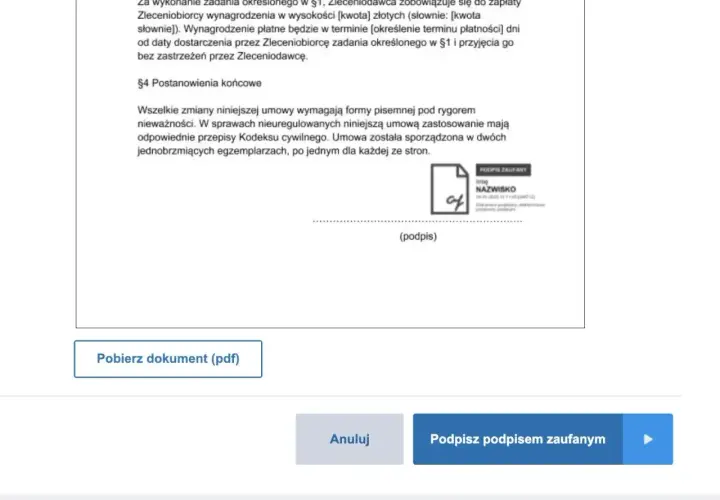 Podpisz dokument profilem zaufanym. Widoczny fragment umowy i przycisk do podpisu elektronicznego.