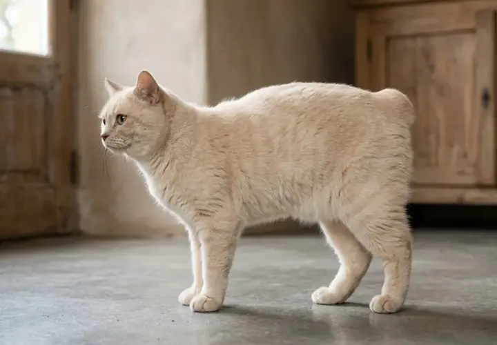 A cream-colored cat with no tail stands alertly on a concrete floor.