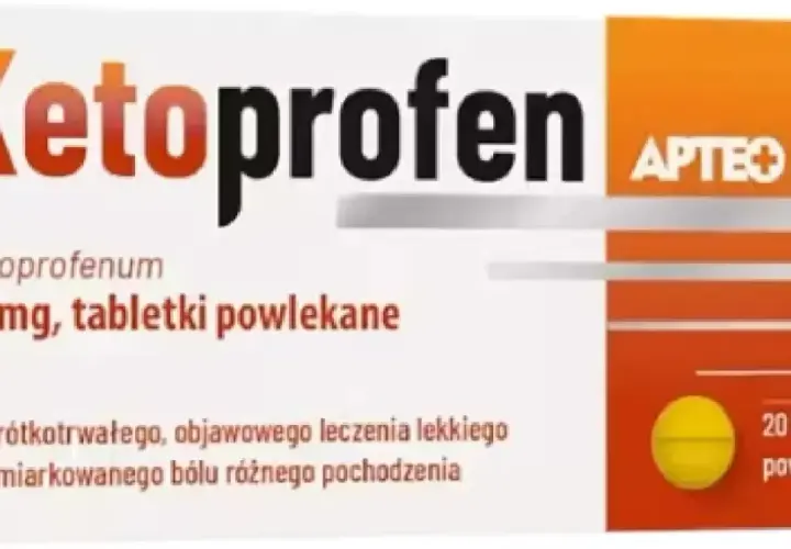 Opakowanie leku Ketoprofenum 50 mg, tabletki powlekane, 20 sztuk. Pomaga na ból.