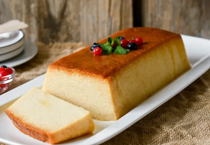 Un delicioso pudin de pan, con una capa dorada y decorado con frutos rojos y menta.