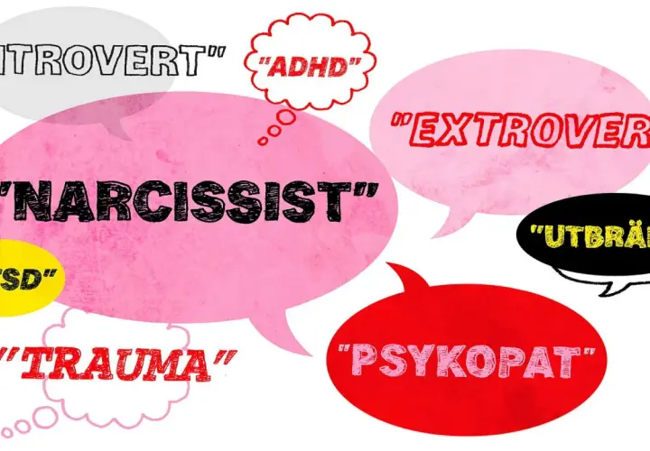 Bilden visar pratbubblor med olika psykologiska termer. En stor rosa bubbla innehåller texten "NARCISSIST", vilket kan associeras med narcissistiskt personlighetssyndrom.