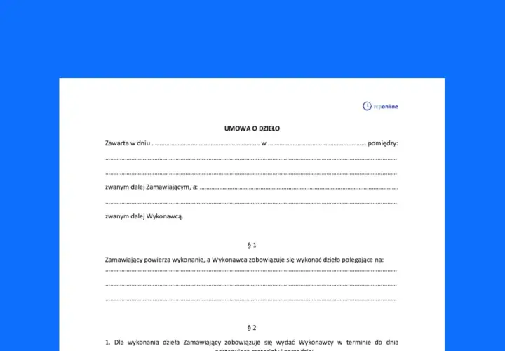 Strony umowy o dzieło: nagłówek "UMOWA O DZIEŁO", pola na dane stron i opis przedmiotu umowy.