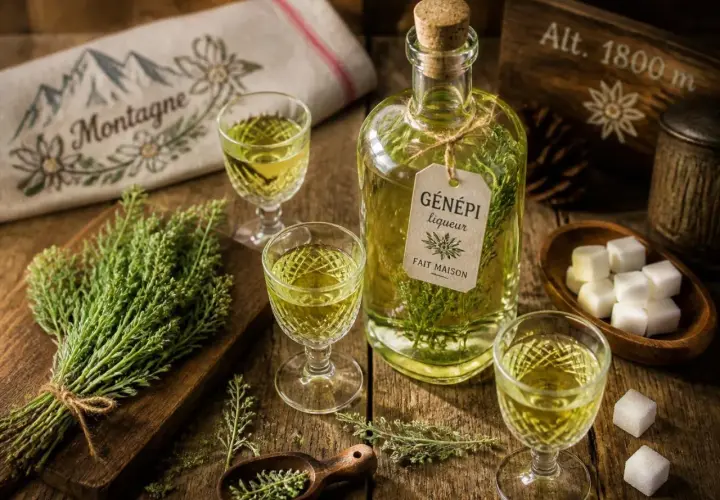 Bouteille de liqueur de génépi fait maison, servie dans des verres avec des brins d'herbe et des morceaux de sucre. Une invitation à découvrir la recette génépi.