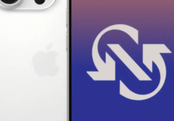 Biały iPhone 14 obok ekranu z symbolem odświeżania. Poznaj jego wymiary.