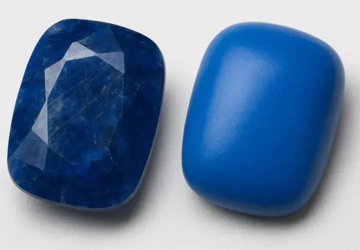 Zwei blaue Steine nebeneinander. Einer ist facettiert und tiefblau, der andere glatt und leuchtend. Ihre Bedeutung liegt in ihrer Schönheit und Vielfalt.