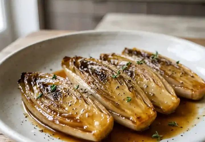 Quatre endives braisées, caramélisées et nappées d'une sauce savoureuse, garnies de thym frais et de poivre noir.