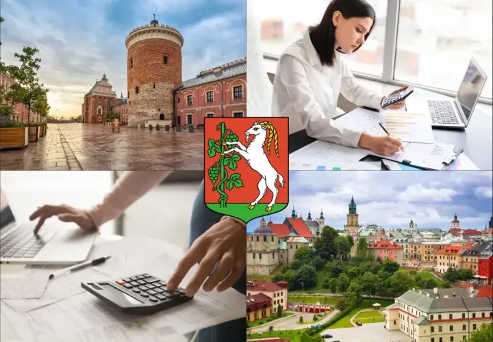 Kolaż: Zamek Lubelski, herb Lublina, kobieta z kalkulatorem i laptopem, panorama miasta.
