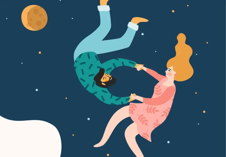 Coppia che fluttua nel cielo stellato, tenendosi per mano. Un invito a capire se si è pronti per una relazione, lasciandosi trasportare.