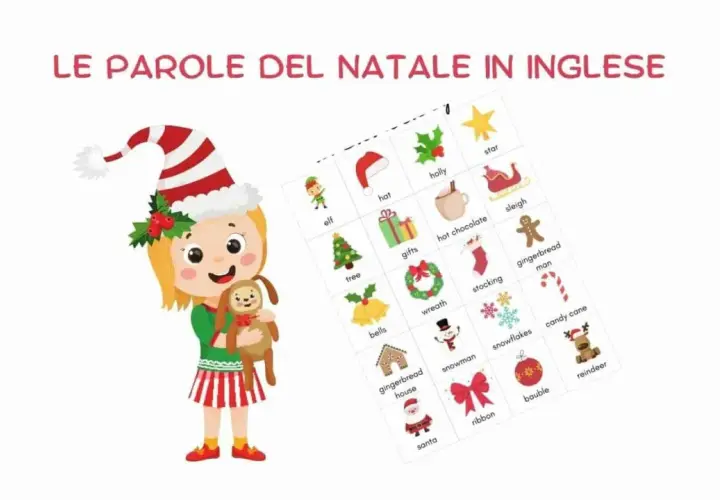 Un'elfa sorridente con un pupazzo tiene un foglio con parole di Natale in inglese, come "star", "hat", "gifts", "snowman", "reindeer".