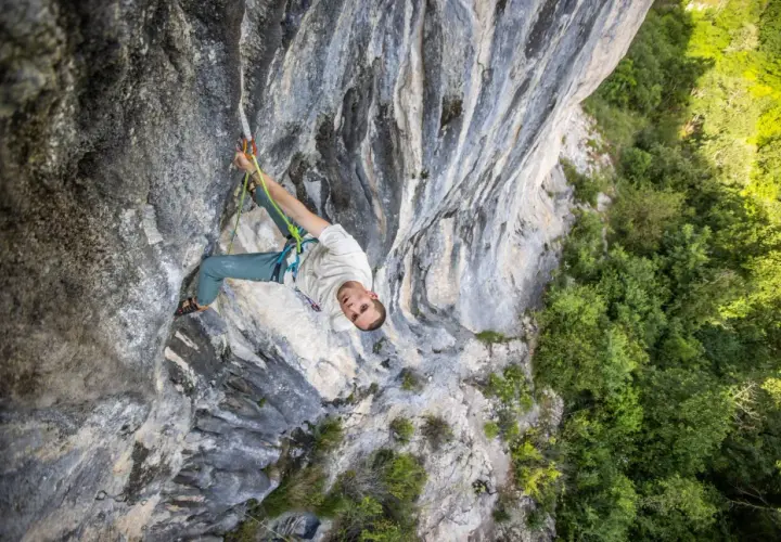 Un grimpeur escalade une paroi rocheuse, concentré sur sa prochaine prise. La végétation luxuriante contraste avec la pierre grise.