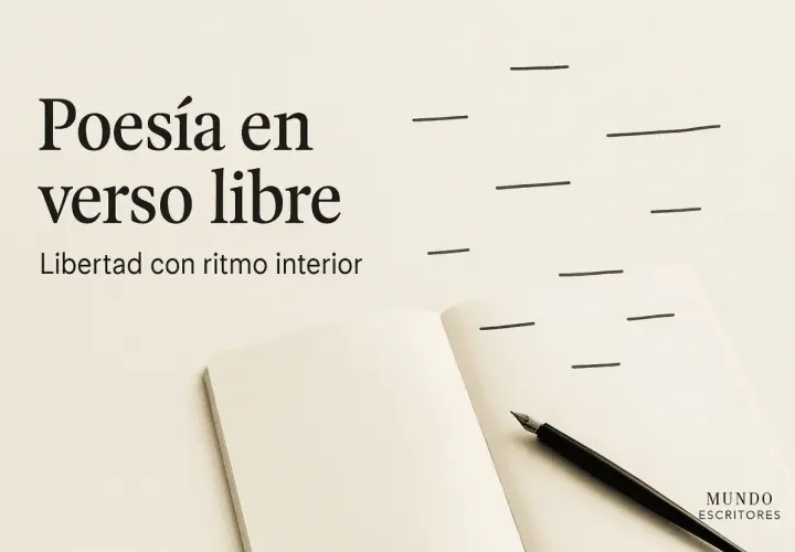 En öppen anteckningsbok med en fjäderpenna. Texten "Poesía en verso libre" och "Libertad con ritmo interior" antyder att det är dags att skriva om texter.