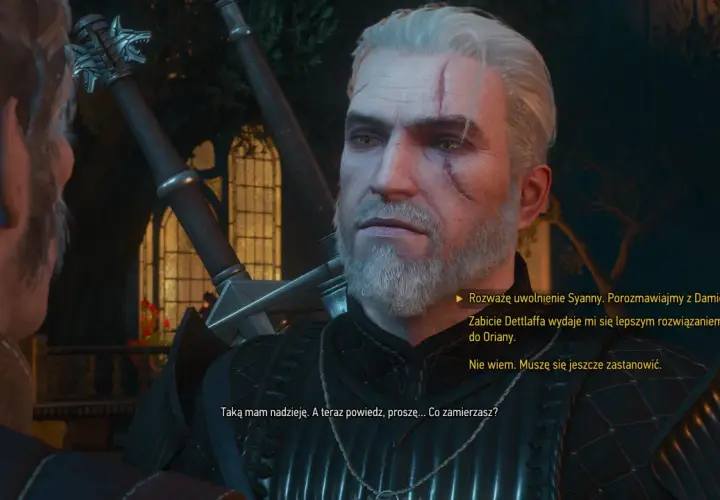 Geralt z Rivii w grze Wiedźmin 3 Długa Noc, rozważa trudne decyzje. Jego blizny i zmęczone oczy świadczą o ciężkiej nocy.