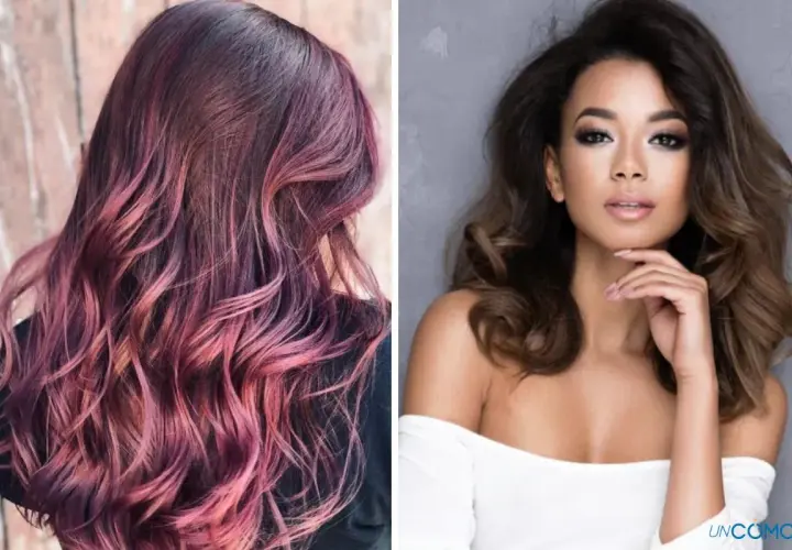 Cabello ondulado con degradado de color morado a rosa, ideal como color de pelo para morenas. A su lado, una mujer con cabello castaño oscuro y ondas suaves.